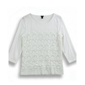 J Crew White Lace Overlay Top Crochet Knit 3/4 Sleeve Scoop Neck Size M